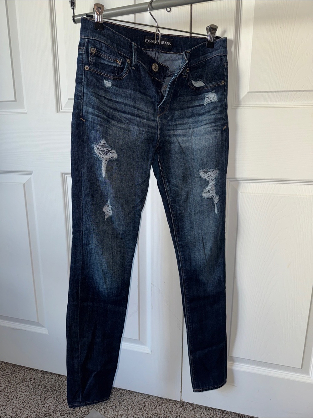 Express Dark Blue Distressed Skinny Jeans